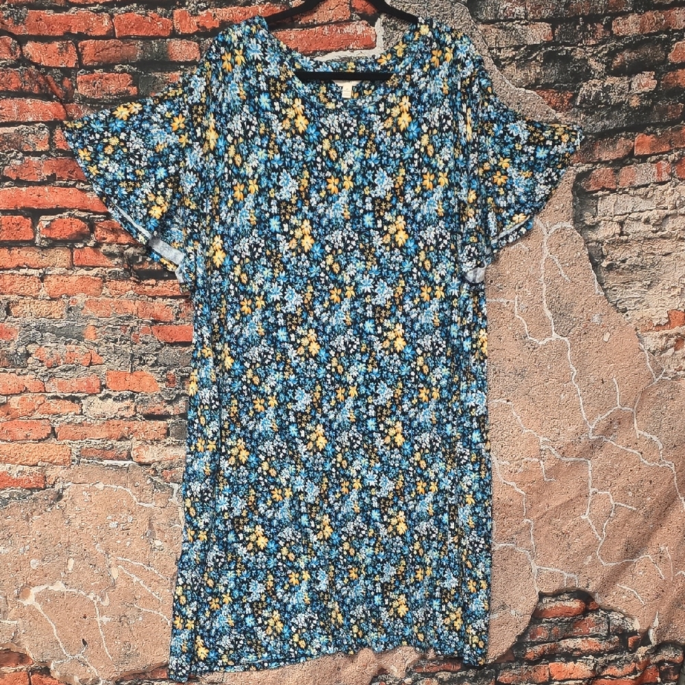 Terra & Sky Blue and Yellow Floral Midi Dress, Sz 4X